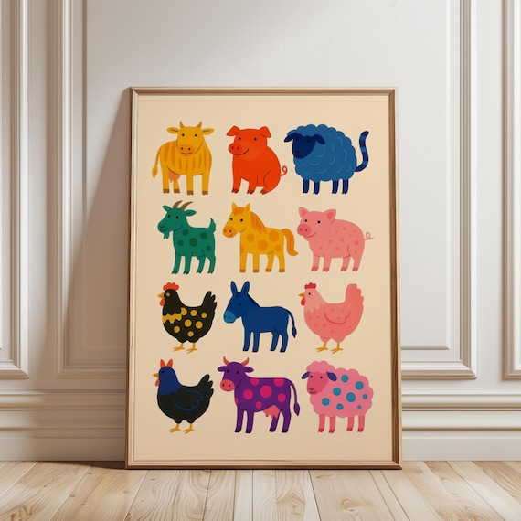 Rainbow Farm Animals Kids Nursery Playroom Colorful Art Poster