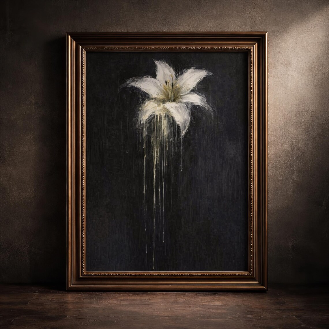 Moody White Lily Painting Dark Academia Floral Art Cottagecore Wall Poster