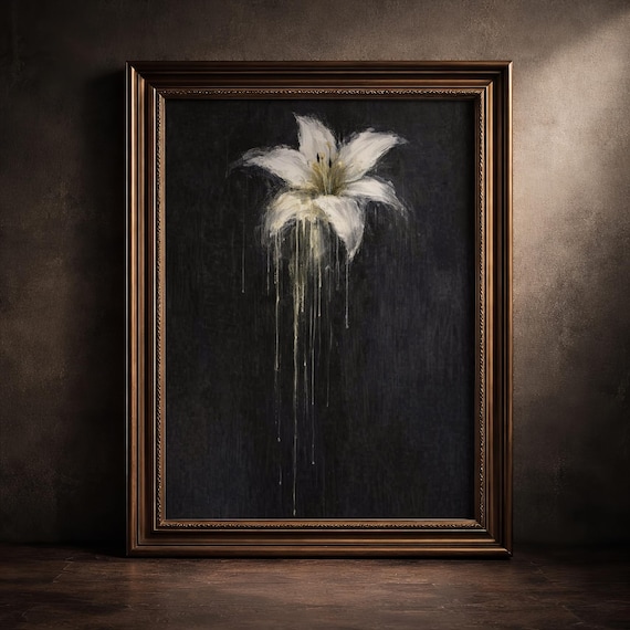 Dark Academia Floral Wall Art Moody White Lily Painting Cottagecore Print Antique Gothic Botanical Decor Dripping Flower Poster