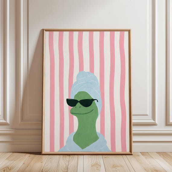 Funny Frog In Towel Art Print Quirky Bathroom Decor Whimsical Animal Cozy Pink Striped Poster Eclectic Guest Toad Bath Wall