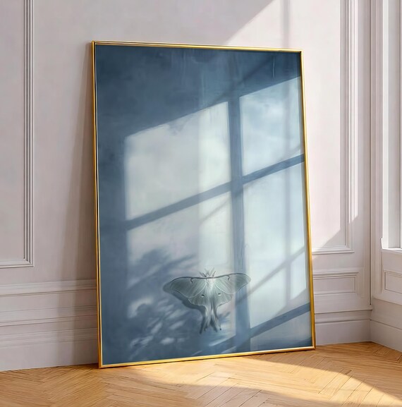 Luna Moth Art Print Dusty Blue Cottagecore Painting Window Shadow Moody Nature Photography Dark Academia Wall Decor Digital Download