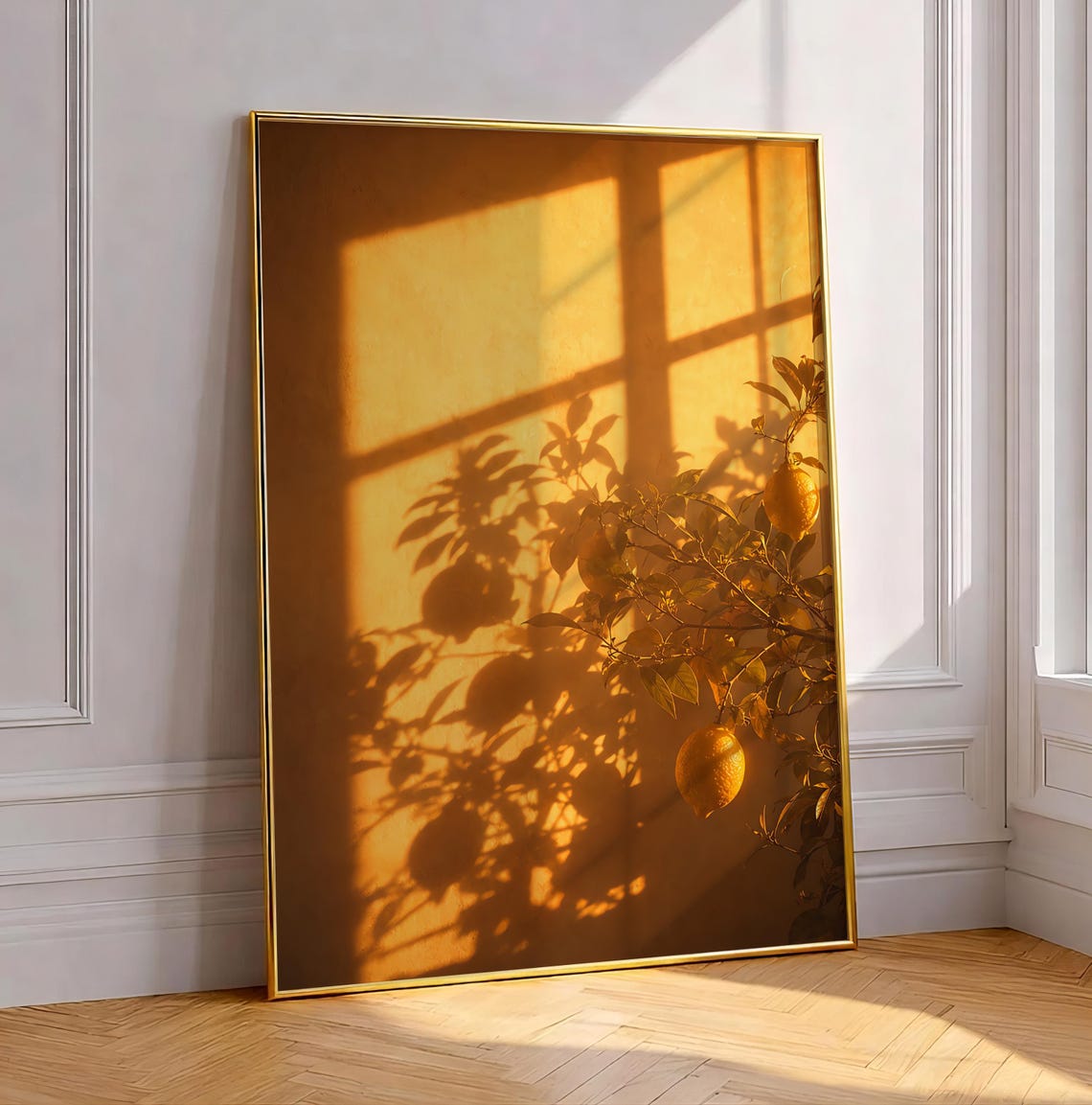 Lemon Branch Window Shadow Mediterranean Golden Citrus Poster