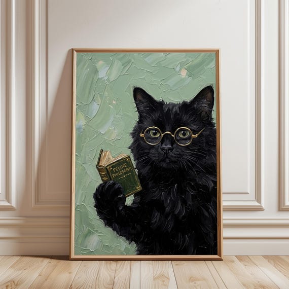 Black Cat Reading Art Print Whimsical Bookish Introvert Painting Cozy Funny Nook Decor Nerdy Kitten Scholarly Sage Green Poster