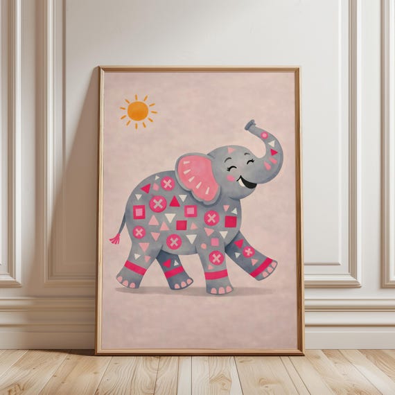 Whimsical Elephant Sun Art Print Dopamine Poster Happy Bold Nursery Decor Or Printable Baby Shower Gift Digital Download