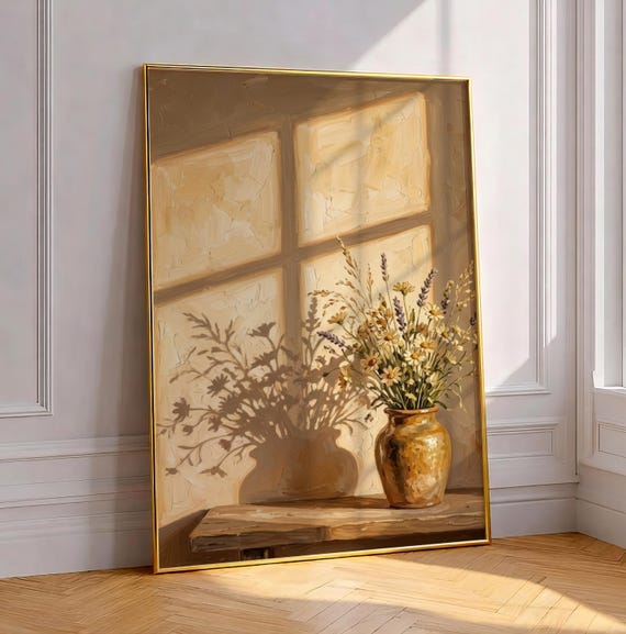 Wildflowers In Vase Print Cottagecore Floral Rustic Botanical Painting Meadow Flowers Poster Golden Hour Shadow Decor Digital Download