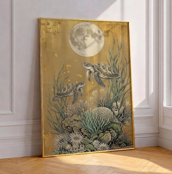 Sea Turtles Under Full Moon Gold Leaf Ocean Wall Art Painting