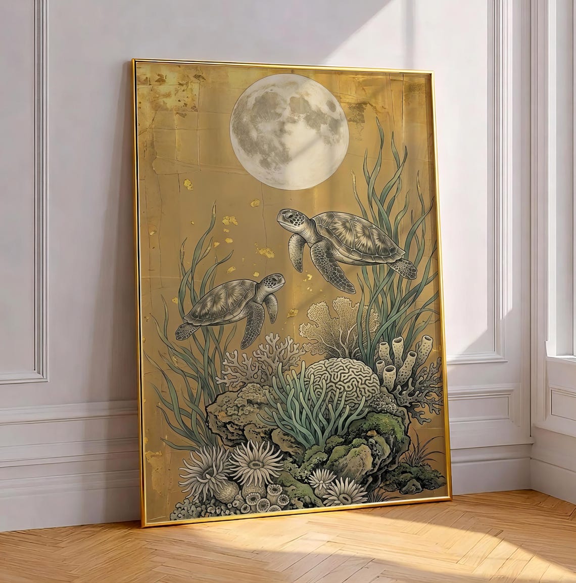Sea Turtles Under Full Moon Gold Leaf Ocean Wall Art Painting