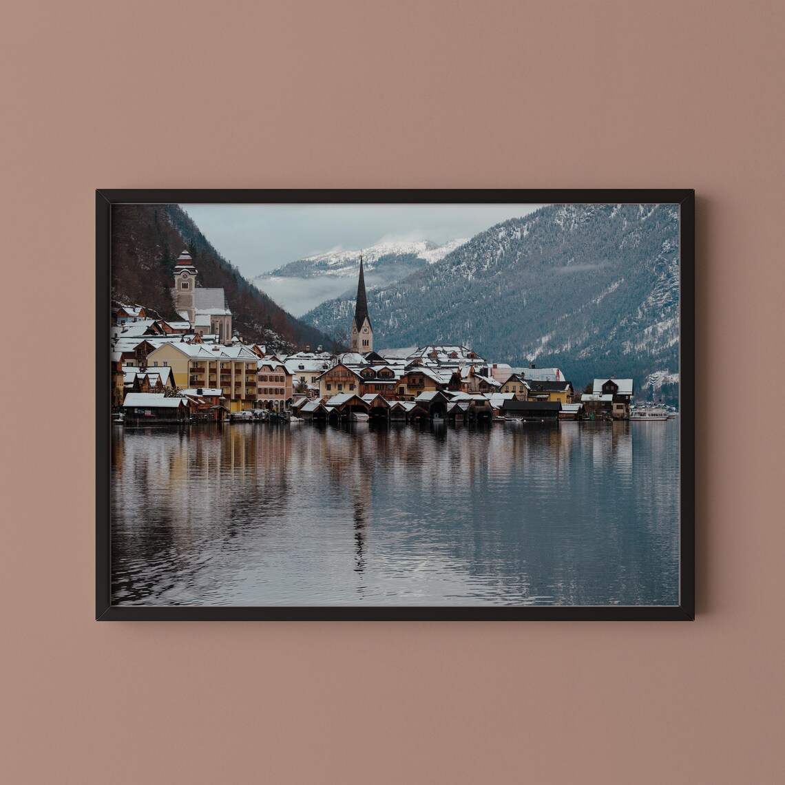 Hallstatt Austria Snowy Lakeside Village Winter Photography Poster