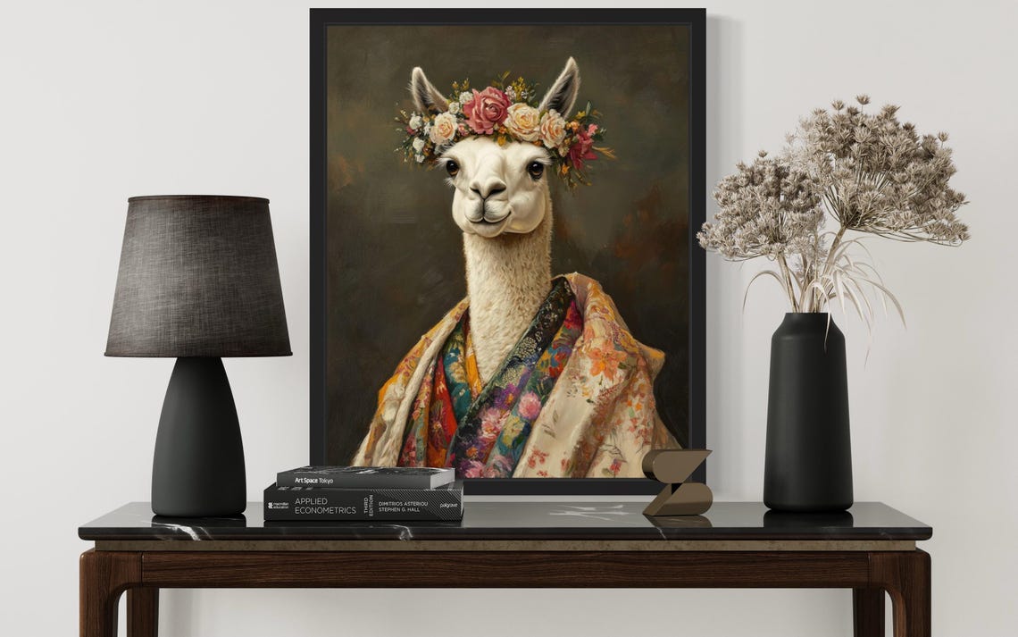Llama Wearing Flower Crown and Rose Kimono Fine Art Decor Poster - Image 3