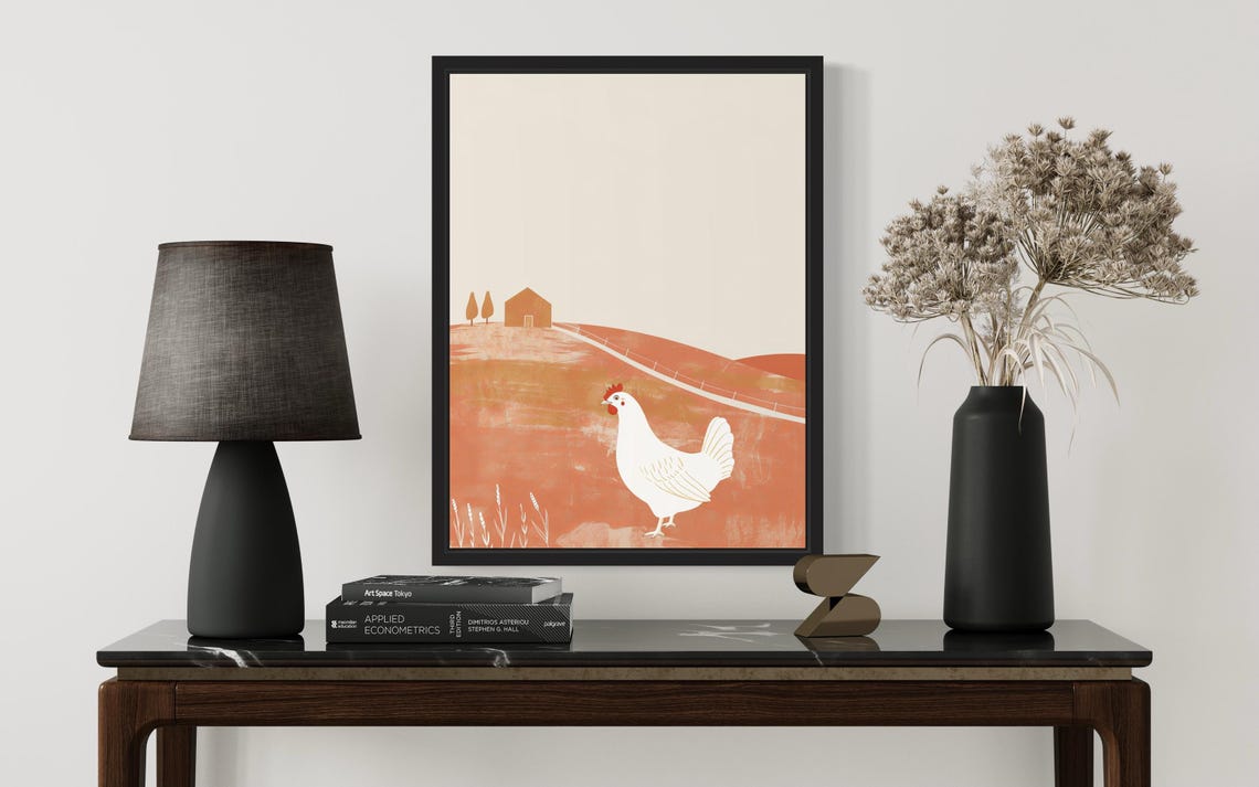 White Hen Terracotta Field Farmhouse Landscape Artwork Poster - Image 3