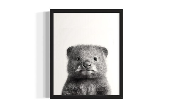 Baby Wombat Black and White Portrait Cute Animal Nursery Wall Art