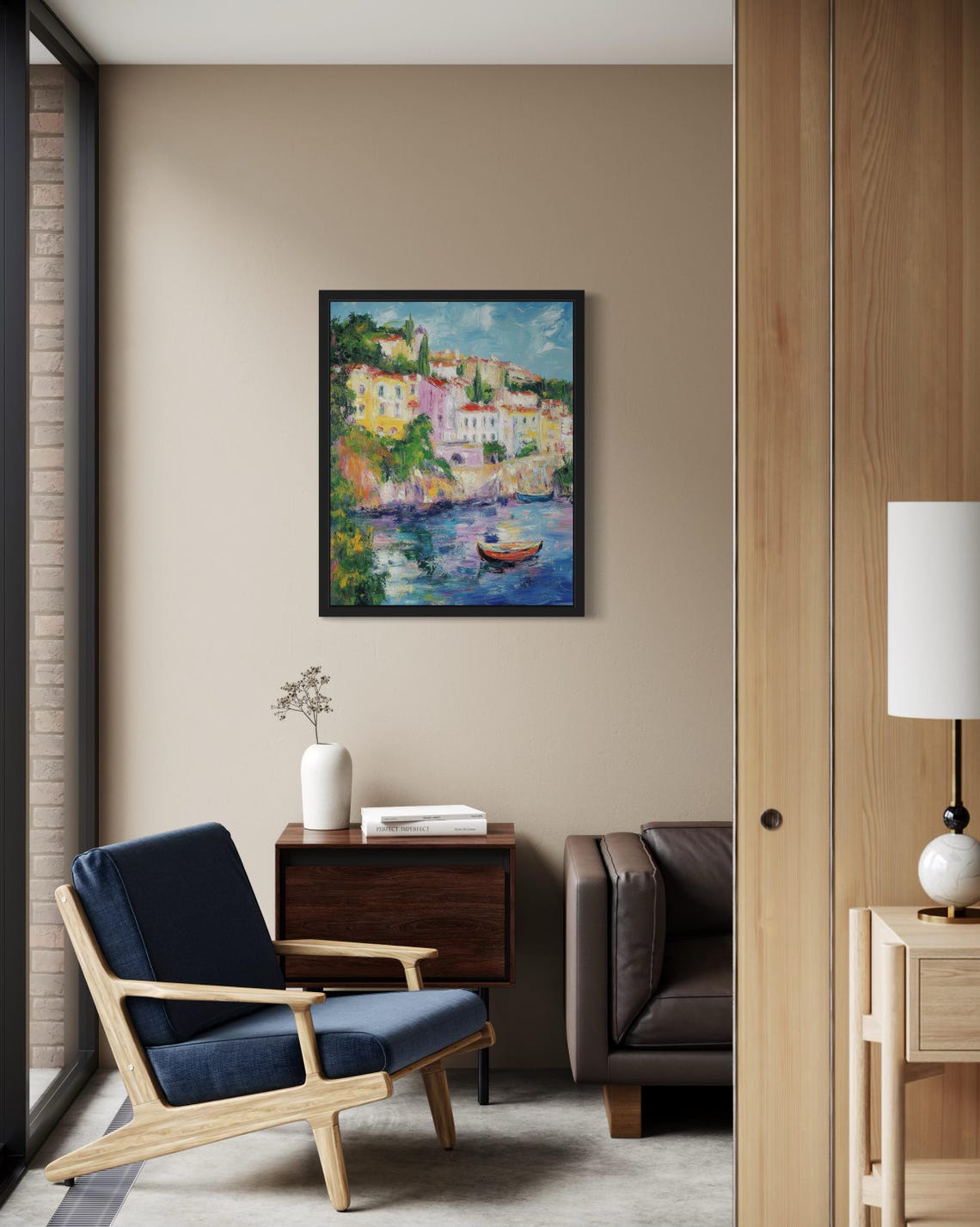 Portugal Coastal Hillside Town with a Boat Monet Style Poster - Image 2