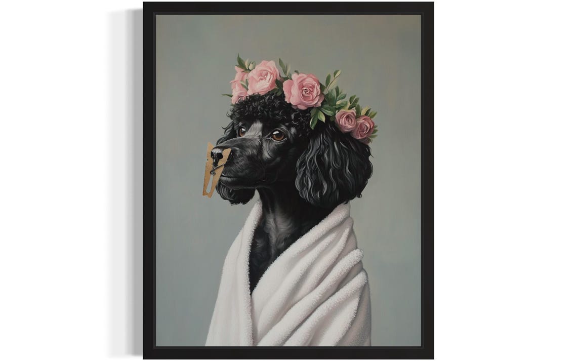 Funny Black Poodle Rose Crown Bathrobe Clothespin Dog Poster