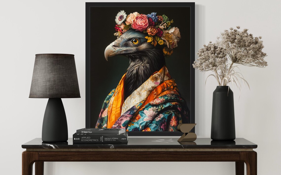 Vulture Wearing Flower Crown and Floral Kimono Fine Art Decor Poster - Image 4