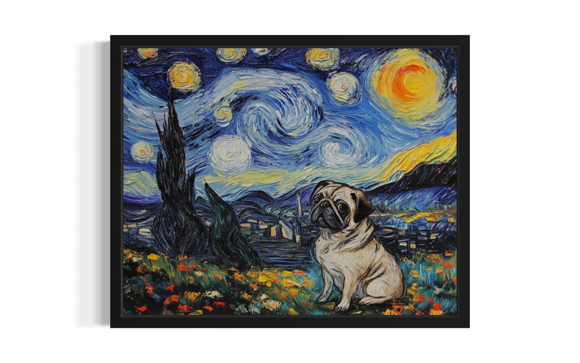 Pug Dog Sitting Under Van Gogh Swirling Starry Night Sky Poster