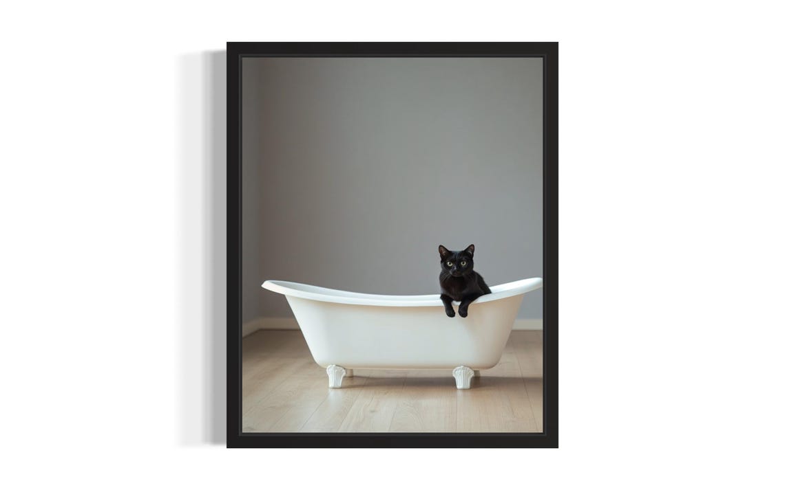 Black Cat in White Clawfoot Bathtub Minimalist Bathroom Art Poster