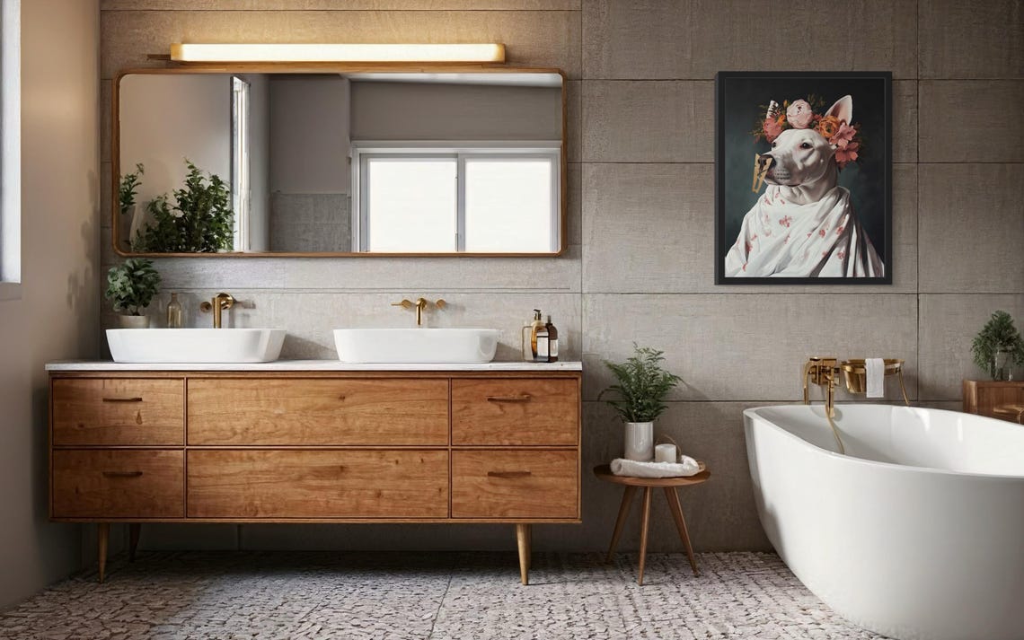 White Bull Terrier Flower Crown Clothespin Funny Bathroom Poster - Image 3