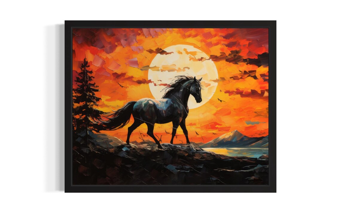 Wild Horse Silhouette Fiery Sunset Oil Painting Poster Mountains