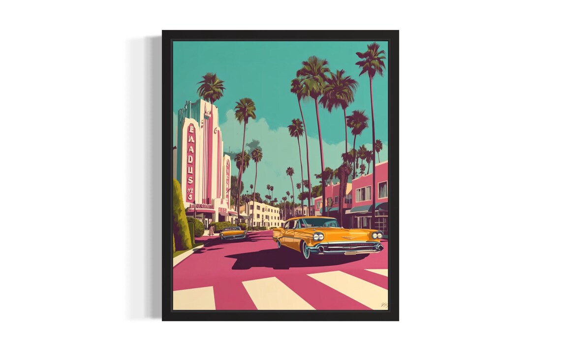 Retro Palm Street Classic Car Art Deco Theater Bold Pop Artwork Poster