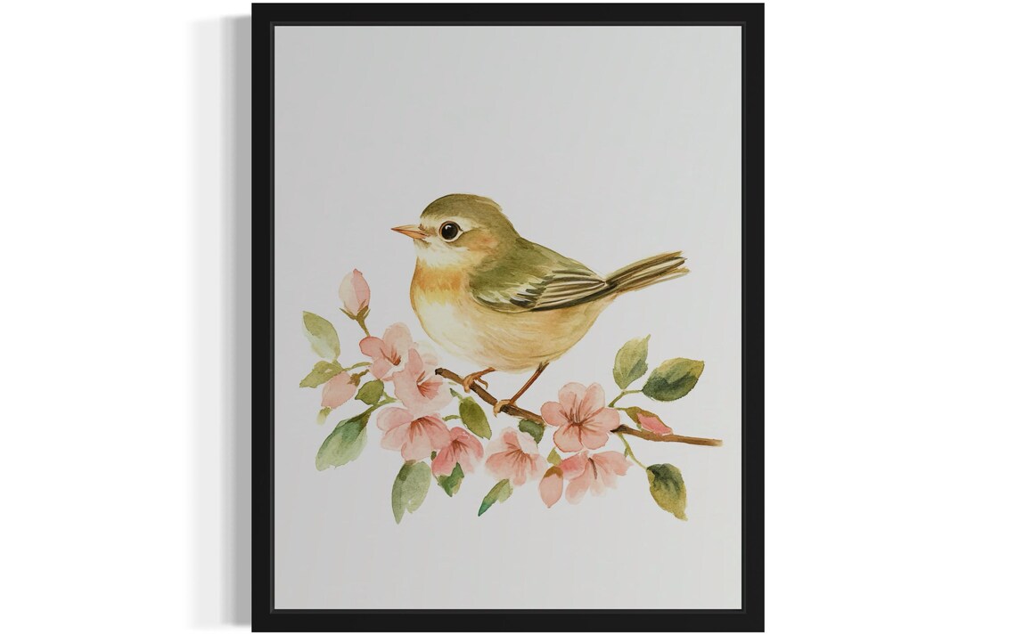 Tiny Goldcrest Songbird on Blossom Branch Watercolor Bird Poster