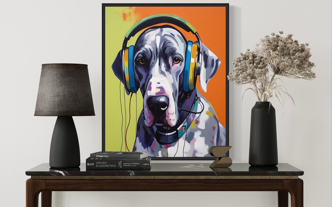 Great Dane With Headphones, Dog Art Print - Image 3