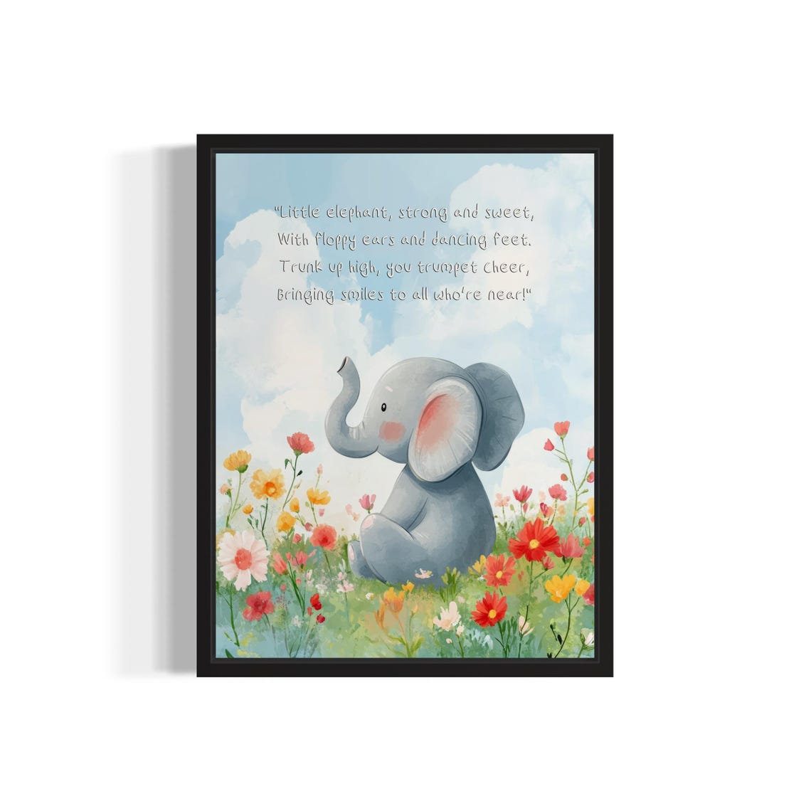 Baby Elephant Trumpeting Joy with Happy Poem Nursery Wall Poster