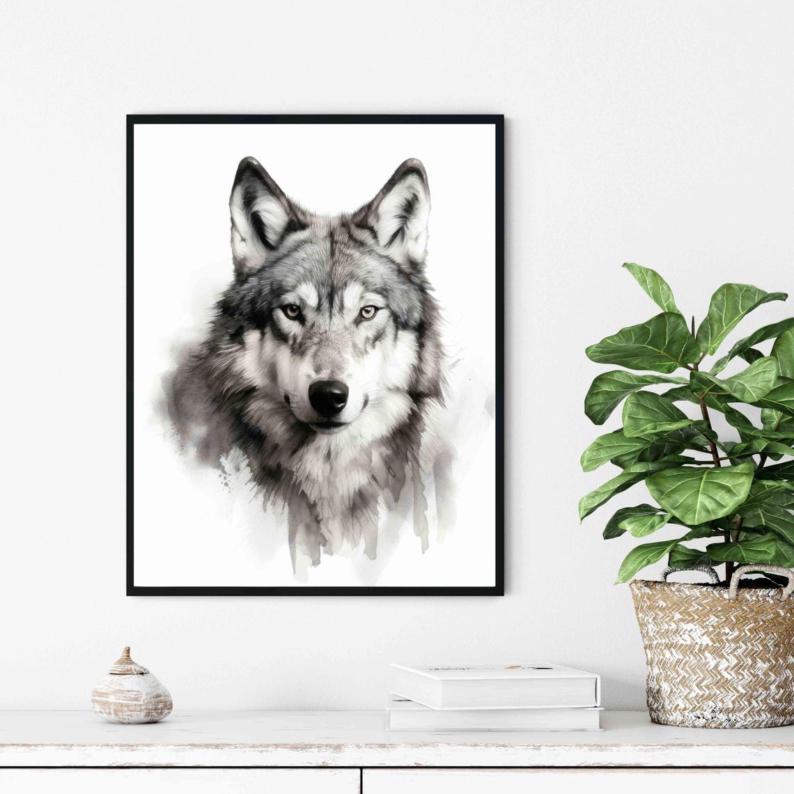 Wolf Black and White Watercolor Style Canine Portrait Poster - Image 3