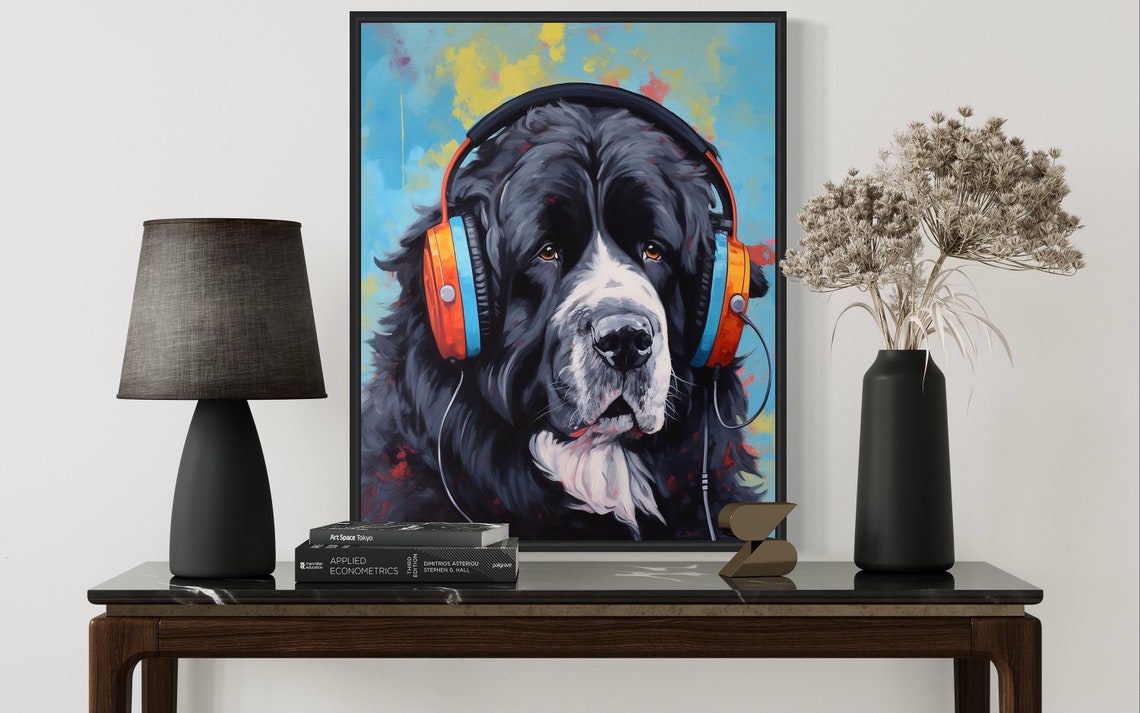 Newfoundland Dog Wearing Headphones Colorful Pop Art Portrait Poster - Image 3