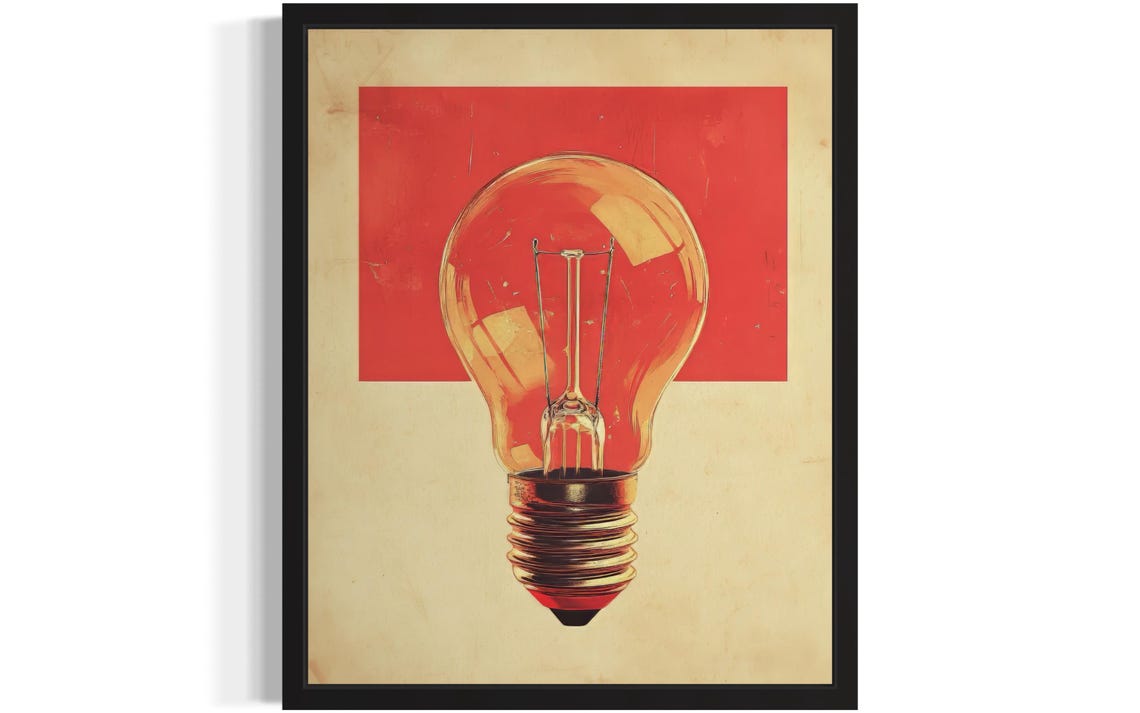 Vintage Lightbulb Red Block Retro Pop Art Illustration Poster