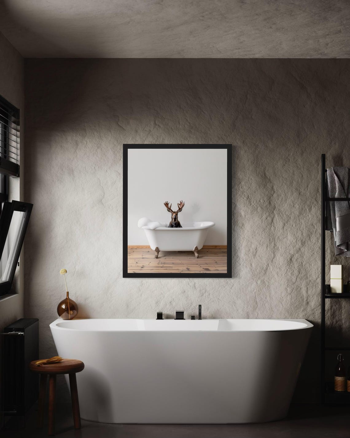 Moose with Antlers Sitting in a White Bubble Bath Tub Photo Poster - Image 3
