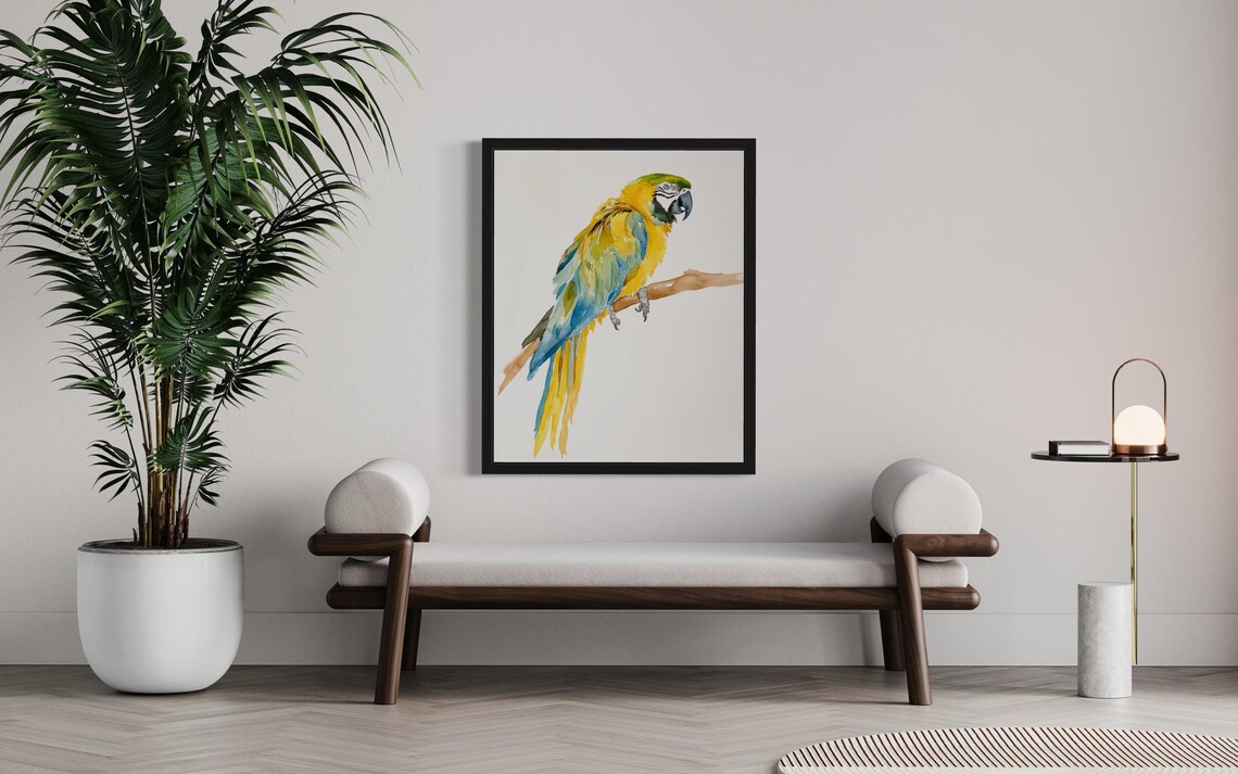 Blue and Yellow Macaw on a Branch Watercolor Tropical Poster - Image 3