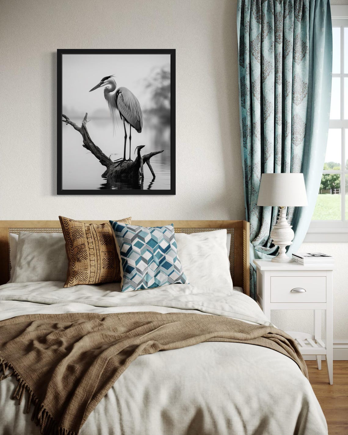 Great Blue Heron Perched on Driftwood Black White Photo Poster - Image 4