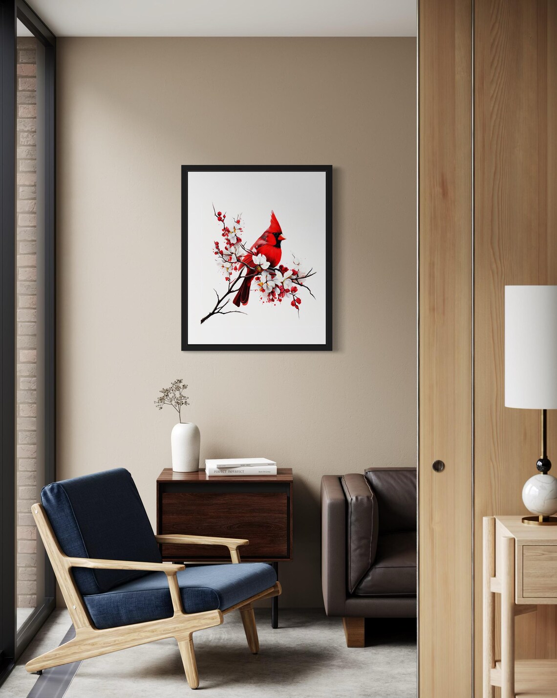 Red Cardinal Perched on Flowering Blossom Branch Watercolor Art Poster - Image 3