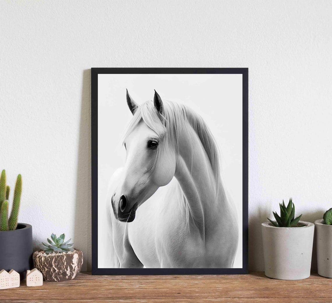 Elegant White Horse Profile Portrait in Black and White Art Poster - Image 3