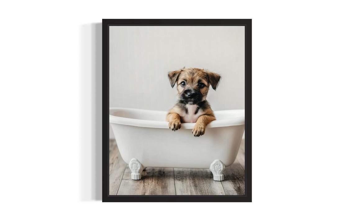 Border Terrier Puppy Sitting in White Bathtub Cute Pet Photo Poster