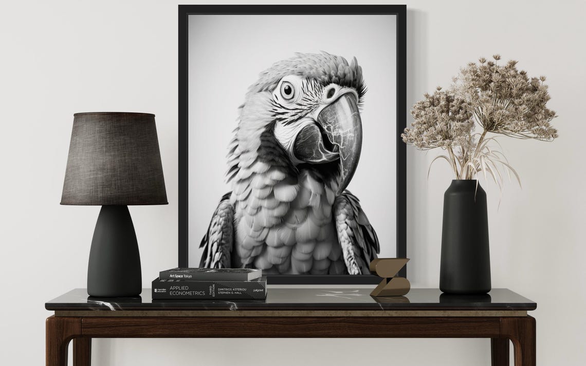 Macaw Parrot Head Close-Up Black and White Photography Art Poster - Image 2