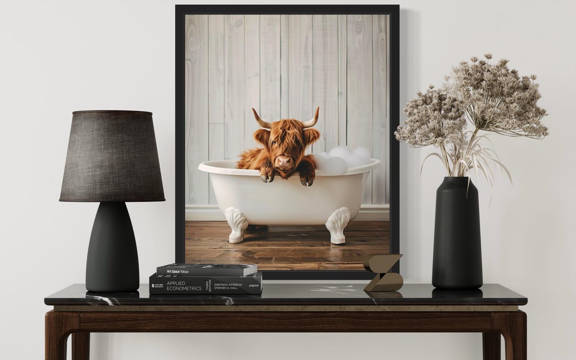 Highland Cow Soaking in a White Clawfoot Bubble Bath Tub Photo Poster - Image 2