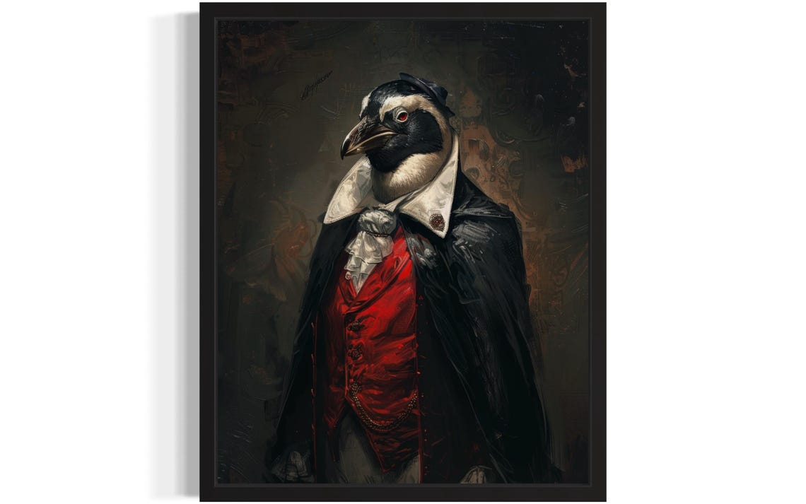 Red Eyed Penguin Vampire In Cape Gothic Victorian Portrait Poster