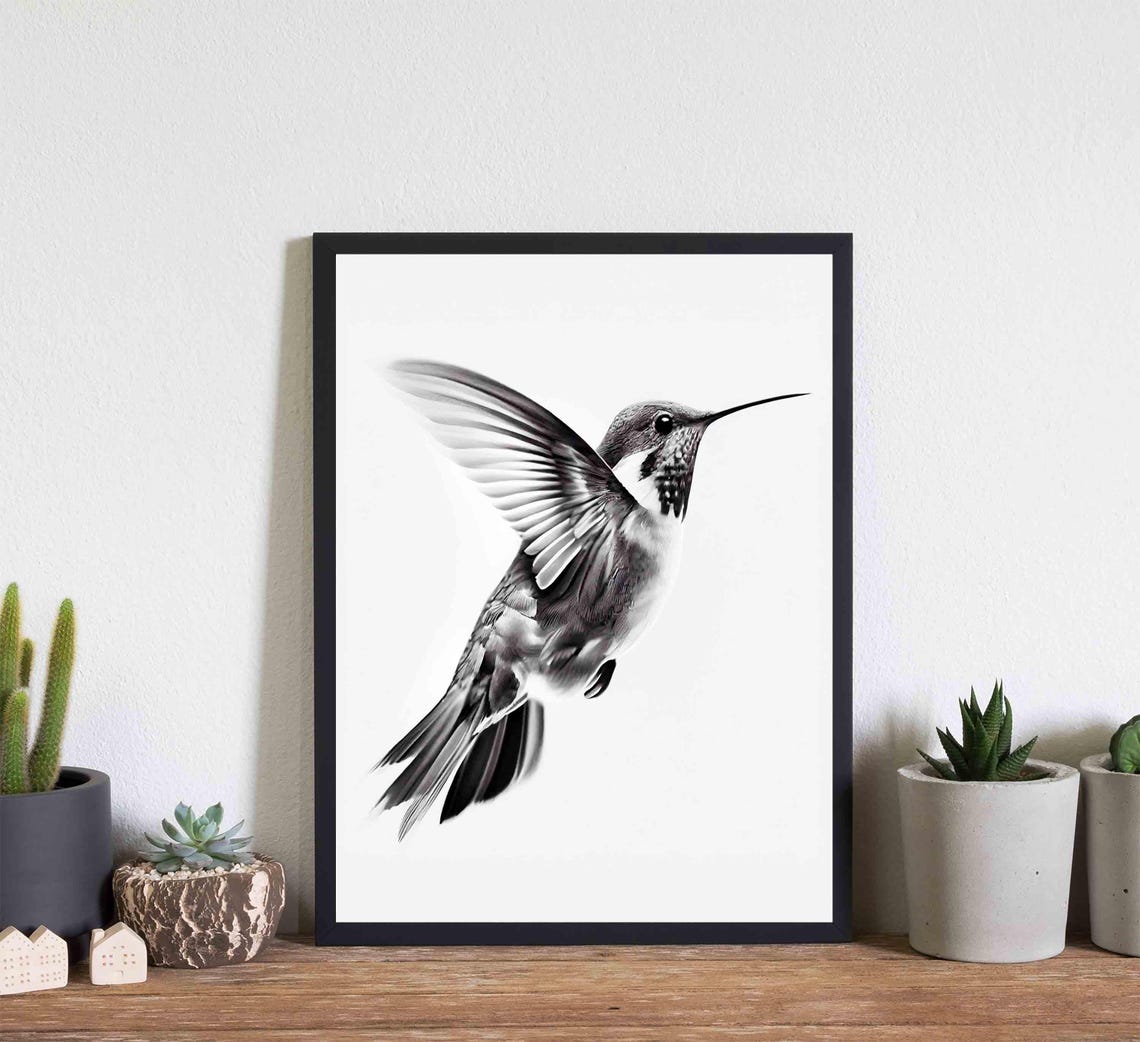 Graceful Hummingbird Hovering in Flight Black and White Art Poster - Image 2