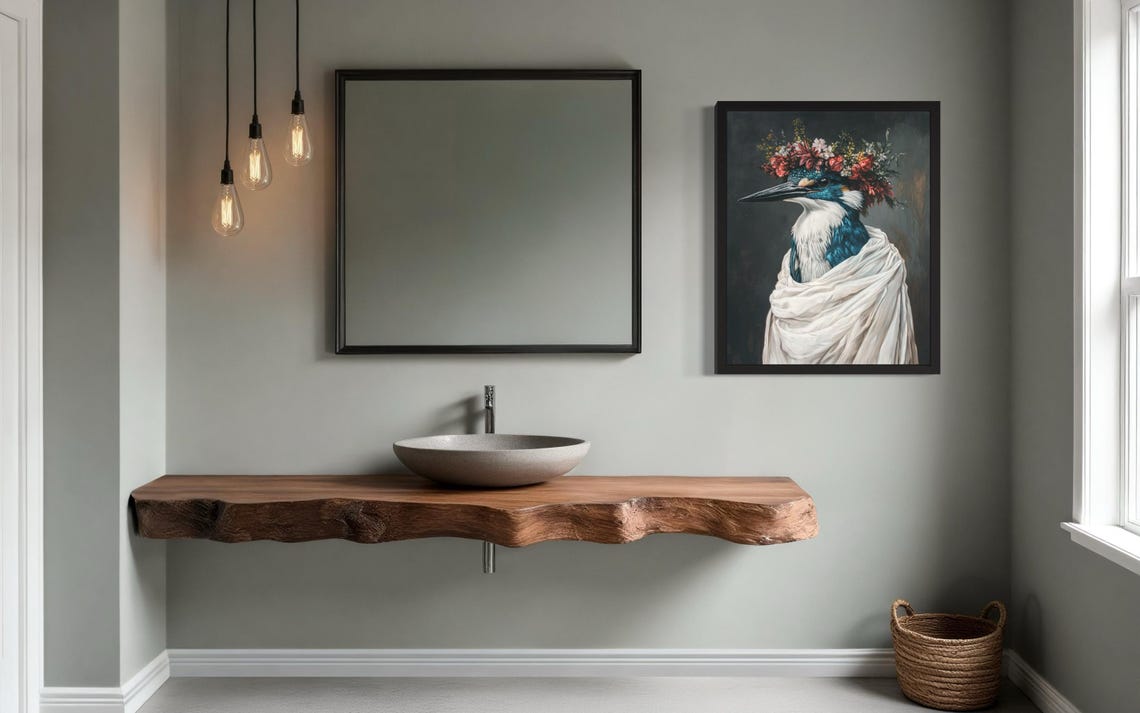 Kingfisher Portrait with Red Flower Crown White Drape Poster - Image 4
