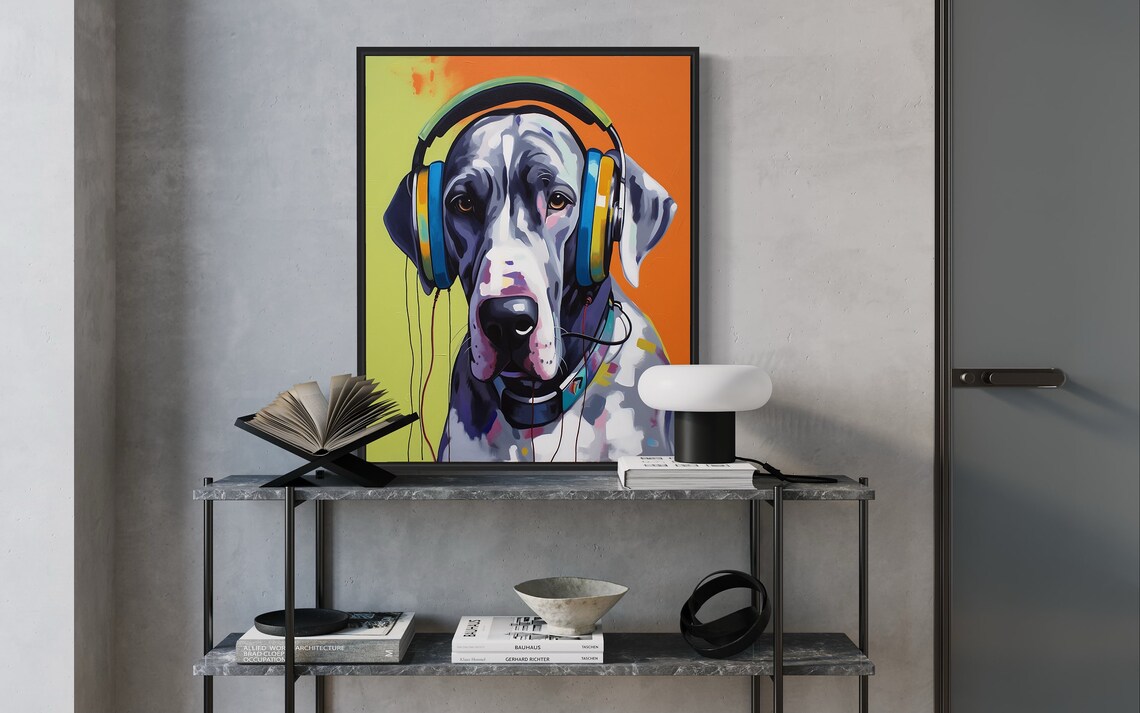 Great Dane With Headphones, Dog Art Print - Image 2