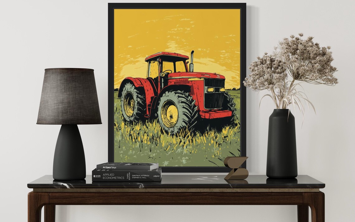 Vintage Red Tractor Rural Field Golden Sunset Farm Pop Art Poster - Image 3