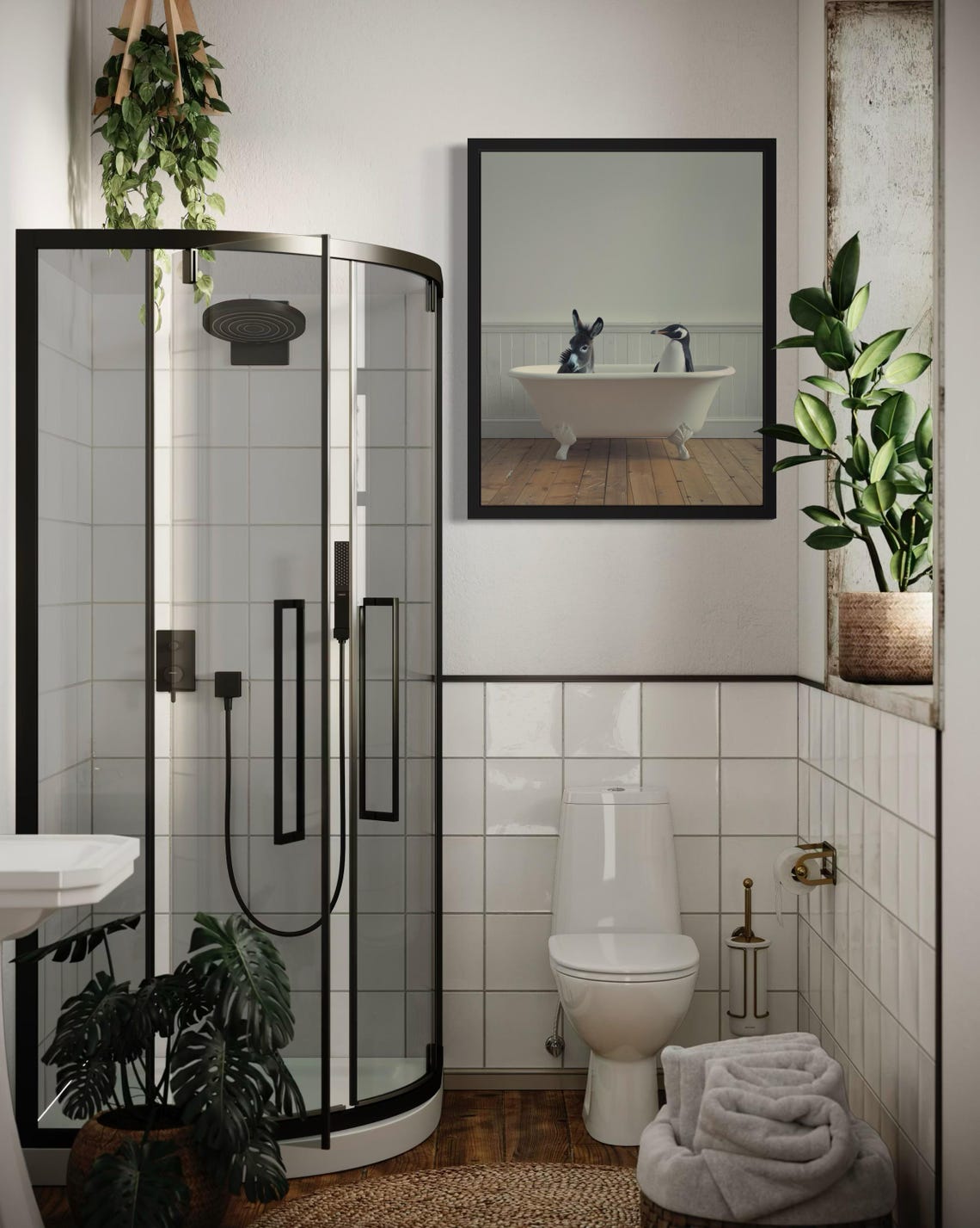Donkey And Penguin Sitting Side By Side In Vintage Clawfoot Tub Poster - Image 4