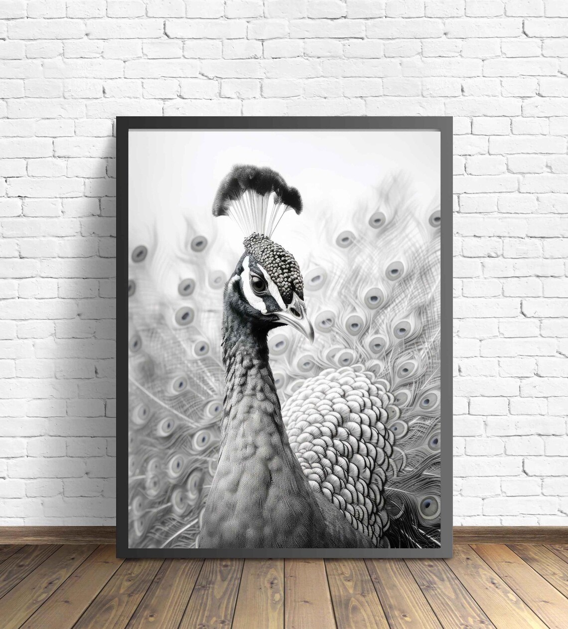 Majestic Peacock with Fanned Tail Portrait in Black and White Poster - Image 3