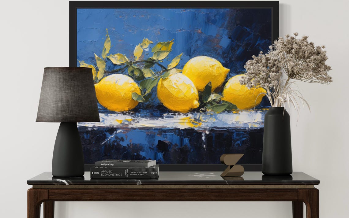 Yellow Lemons on Leafy Branch Against Deep Blue Painting Poster - Image 3