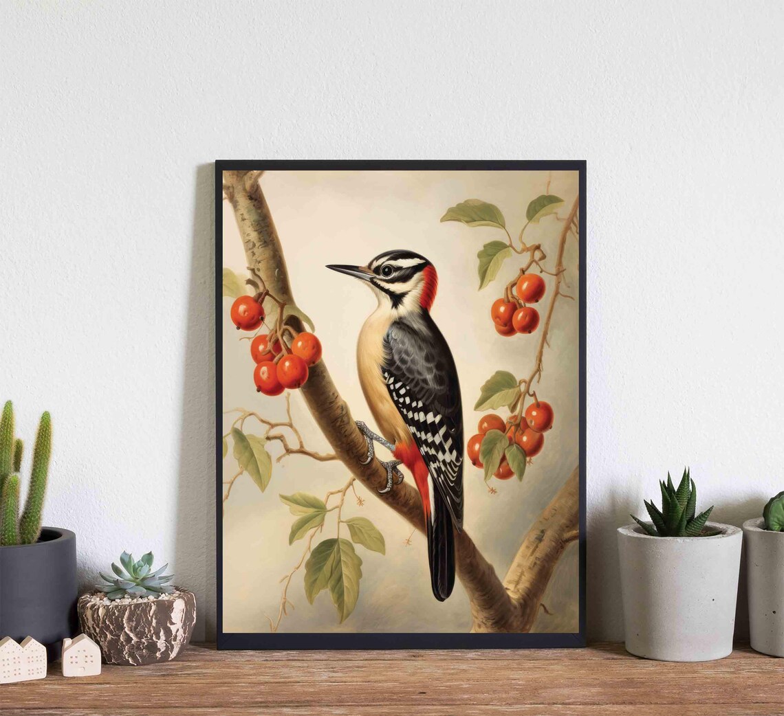 Great Spotted Woodpecker on a Berry Branch Vintage Songbird Poster - Image 4