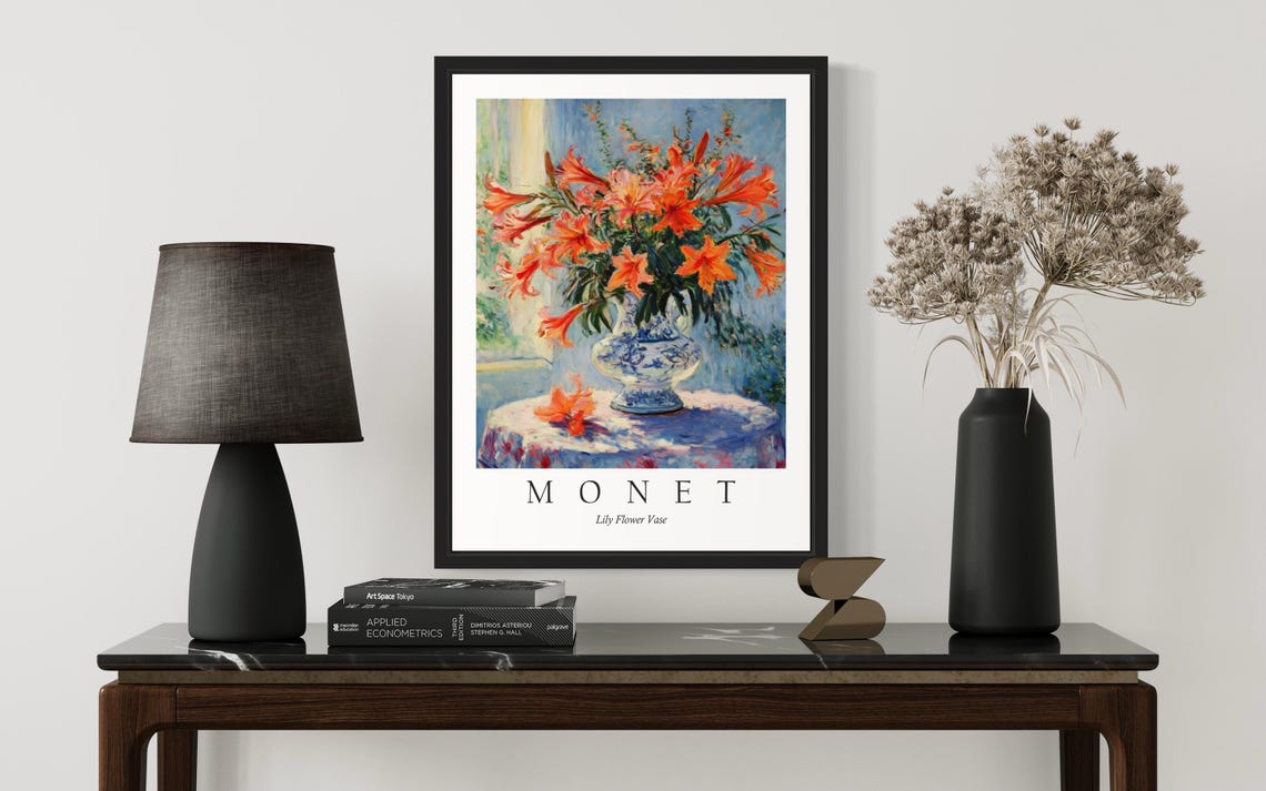 Orange Lilies in a Porcelain Vase Monet Style Bright Flower Poster - Image 3