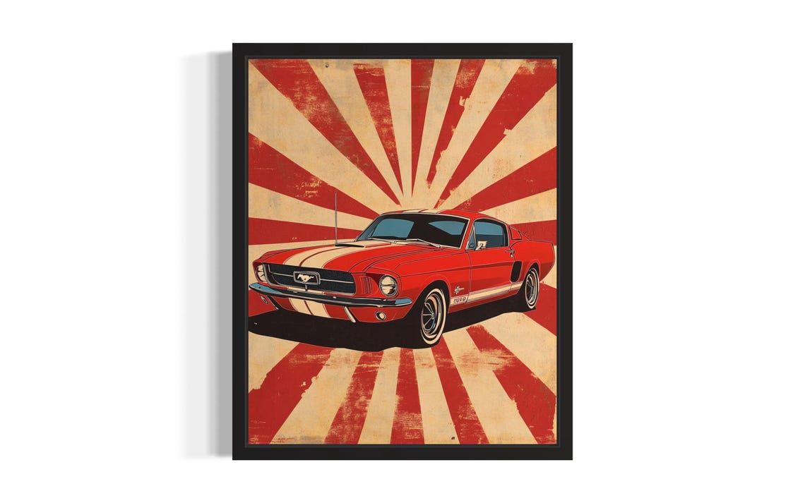 Red Ford Mustang Fastback Sunburst Retro Pop Art Automotive Poster
