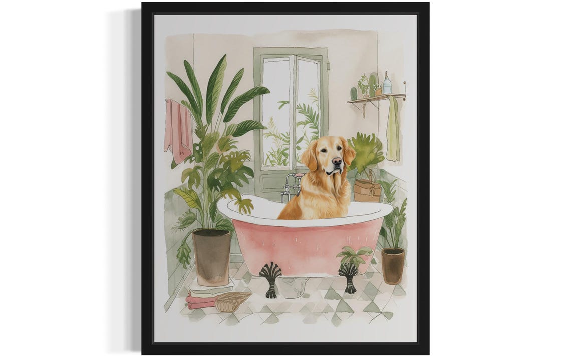 Golden Retriever Bath Time Pink Clawfoot Tub Botanical Art Poster