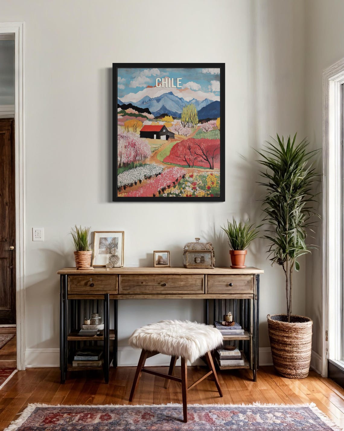 Chile Snow Dusted Andes Barn Sweeping Flower Fields Folk Art Poster - Image 2
